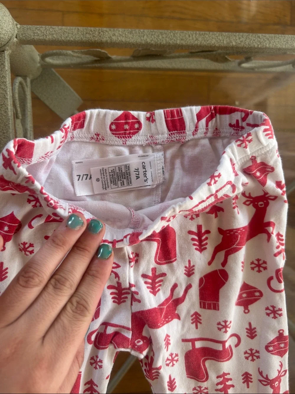 Carter's Red & White Reindeer Holiday Pajama Set with Green Trim kids 7/7A